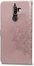 Resim Nokia 7 Plus için Kılıf Kapak, Nokia 7 Plus için Spiral Çiçek Deri Cüzdan Kapaklı Kılıf, Destek Stantlı Kart Yuvalı Manyetik Koruyucu Kılıf Tampon Kılıfı (Gül Altın) 