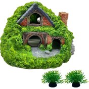 Resim Yosun ve Çimenlerle Hobbit Evi PVC Akvaryum Dekorasyonu - Küçük Balıklar, Sürüngenler, Kaplumbağalar için Dayanıklı Saklanma Yeri - Stres Azaltma & Su Ekosistemleri için Doğal Habitat Süsü 
