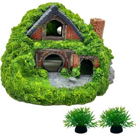 Resim Yosun ve Çimenlerle Hobbit Evi PVC Akvaryum Dekorasyonu - Küçük Balıklar, Sürüngenler, Kaplumbağalar için Dayanıklı Saklanma Yeri - Stres Azaltma & Su Ekosistemleri için Doğal Habitat Süsü 