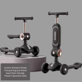 Resim Led Işık Tekerlekli Yükseklik Ayarlı Oturaklı Çocuk Scooter Siyah 