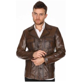 Resim Hakiki Kuzu Derisi Düğmeli Dikiş Detaylı Kahverengi Ceket Erkek Deri Ceket Kahverengi 