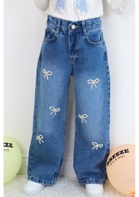 Resim Breeze Kız Çocuk Jean Pantolon İnci Detaylı Fiyonk İşlemeli 5-9 Yaş, Mavi Mavi 