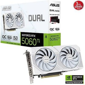 Resim ASUS VGA DUAL-RTX5060TI-O16G-WHITE-NVIDIA-GEFORCE-RTX 5060 TI-16G-16GB GDDR7-128bit--OC-HDMI-3xDP-DLSS4 EKRAN KARTI 
