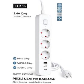 Resim Ftr/16 3680w 16a 3 Priz, 2 Usb, 1 Type-c, 1.8 Metre Akım Korumalı 