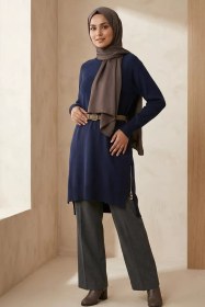Resim Gülseli Yan Fermuarlı Tesettür Triko Tunik Lacivert TZL-P-00020925 