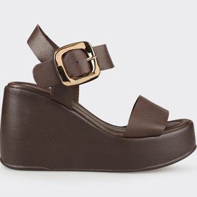 Resim Elle Kahve Deri Kadın Dolgu Topuk Sandalet 