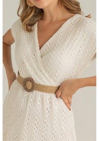 Resim Neşeli Butik Kadın Ekru Hasır Kemerli Dantel Elbise Dk0001 Ekru 