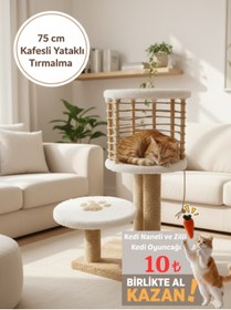 Resim Komano Pontika Kafesli Kedi Evi ve Kedi Tırmalama Tahtası |Kedi Yataklı Tırmalama | 75 cm | Modern ve Şık Tasarım 