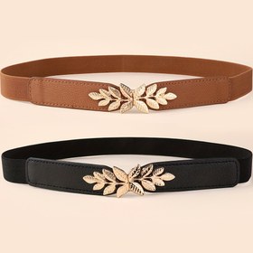 Resim Kadınlar için Yaprak Tokalı 2'li Paket Elastik Kemerler - Örme Polyester, Şık Rahat Stil, Günlük Kullanım ve Özel Günler için Çok Yönlü 