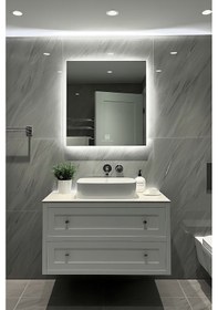 Resim Digital Hayat Dokunmatik Dimlenebilir Beyaz Led Işıklı Kare Ayna Dekoratif Banyo Makyaj Aynası 50cm - 80cm Beyaz 