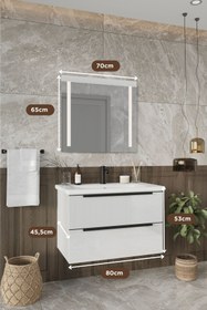 Resim BALNEOM Banyo Kadife Beyaz Parlak Hıgh Gloss %100 Mdf 80 Cm Banyo Dolabı Led Işıklı Aynalı Üst Dolap 