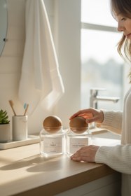 Resim zezedesing Dekoratif Ahşap Top Kapak Pamuk Ve Kulak Pamuğu Kavanozu Kutusu 300ml 