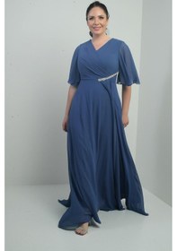 Resim Kadın V Yaka Beli Taşlı Drapeli Astarlı Büyük Beden Uzun Şifon Elbise-40927 İndigo 