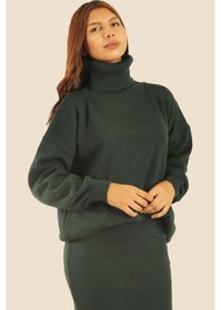 Resim Bwest Düz Yeşil Oversıze Boğazlı Kadın Triko Sweat Kazak Etek Takım- 60-04 - Yeşil-1083 Yeşil 