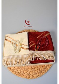 Resim Çiftlere Özel Kalpli Kadife Eş Seccade Ve Vav Detaylı İnci Tesbih Seti Hediye Kutulu, Çeyizlik Bordo 