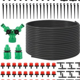 Resim 50ft Sulama Kiti, 1/4 İnç Damla Sulama Tüpü ile 148 Parça, 20 Adet Sulama Başlığı, 30 Adet Kırmızı Damlalık, Bahçe Çim, Saksılar ve Seralar için Bitki Sulama Sistemi 