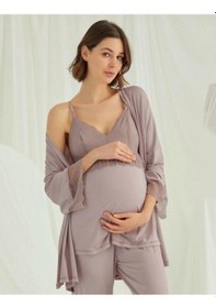 Resim Birolgaye 1767 Pudra Modal Penye Hamile Lohusa 3 Lü Pijama Sabahlık Tk 