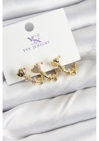 Resim Pirinç Zirkon Taşlı Kalp Model Gold Renk 3'lü Kadın Küpe - Tj-bkp10947 Çok Renkli 