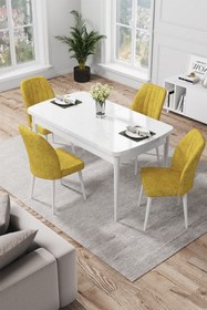 Resim Canisa Par Serisi 70x114, Açılabilir Mdf Yemek Masası Beyaz Masa Ve 4 Hardal Sandalye Takımı 