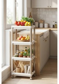 Resim 4 Katlı Tekerlekli Modüler Raf Ünitesi - Çok Amaçlı Mutfak Banyo Balkon Düzenleyici Beyaz 