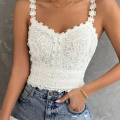 Resim Kadınların Siyah Dantel V-Yaka Kısa Üstü Çiçek Desenli - Kolsuz, Ruched Detaylı, Günlük Stil, Yaz İçin Mükemmel, Günlük Yaz Giyimi|V-Yaka Üstü|Ruched Detaylı Üst 