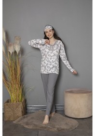 Resim Tekten 0200 Çiçek Desenli Uzun Kollu Kadın Pijama Takımı Gri 