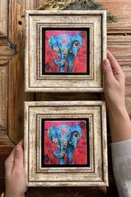 Resim Oscar Stone Decor Çerçeveli Taş Duvar Dekoru Tablo 20X20 Cm 2'Li Set Fil 2Cdd-1488-2 