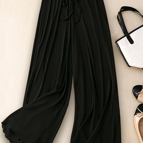 Resim Kadınlar İçin Büyük Beden Siyah Geniş Paça Pantolon Elastik Bel ve Sahte İp Bağcıklı - Yüksek Esneklik, Volanlı Kenar, Her Mevsim için Rahat Şıklık, Konforlu Moda, Tüm Sezonlara Uygun Kumaş, Saydam Olmayan Malzeme 