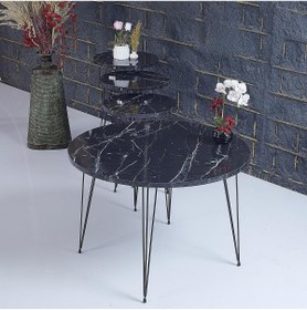 Resim Rupon Home Decor Rupon Home 3 Lü Zigon Orta Sehpa Takımı Yuvarlak-siyah Mermer Desenli 