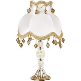 Resim Çiçek Dekorlu Abajur Gold Beyaz Klasik Ponponlu Model Beyaz 