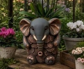 Resim Elephant Planter Vase, Decorative Flower Pot, Polyester Elephant Sculpture, Animal Decor - Object-3 