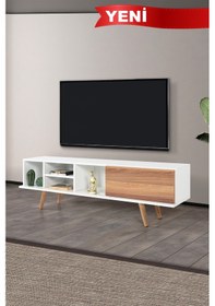 Resim 3630 Ela 160 Cm Ahşap Ayaklı Tv Ünitesi , Beyaz - Söğüt , Tv Sehpası , Salon , Oturma Odası Diğer 