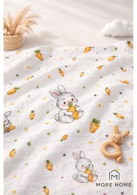 Resim More Home % 100 Pamuk Müslin Bezi 90x90 CM Havuç Yiyen Tavşan Gri Beyaz 