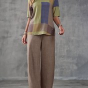 Resim 1 Set Şık Kadın Patchwork Polyester Karışımı Crew Boyun Üst ve Geniş Bacak Pantolon, İlkbahar/Yaz Modası Dokuma Kostüm 