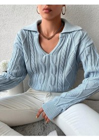 Resim Örgü Desenli Polo Yaka Dekolte Detaylı Triko Kazak Bebe Mavisi Bebe Mavi 