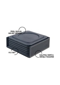 Resim Bardak Altlığı,6 Lı Set,masaüstü Yuvarlak Cup Coaster,vegan Suni Deri,11x11 Cm.,lacivert Lacivert 