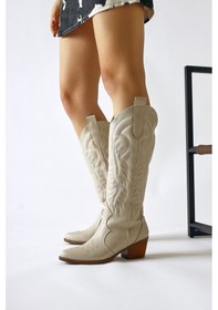 Resim Limoya Florida Bej Nakış Detaylı Sivri Burunlu Western Çizme 001 