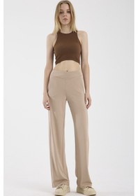 Resim Yumuşak Dokulu Bol Paça Eşofman Alt - Bej Bej 