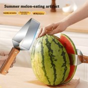 Resim 2 Adet Paslanmaz Çelik Karpuz ve Kayısı Ayırıcı - Ergonomik Ahşap Saplı Üçgen Bıçaklı, Kolay Dilimleme için Manuel Mutfak Aleti, Güvenli ve Dayanıklı Ev Tipi Meyve Bölücü, Şık Mutfak Gereci 