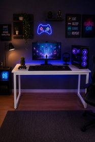 Resim Flinder Beyaz Oyuncu Masası 60x120, Çalışma Masası, Bilgisayar Masası, Gamer Masa, Metal Ayaklı 