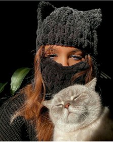 Resim ALARA REYHAN Kedi Kulaklı Siyah Balaklava Handmade Balaclava Peluş Örgü Kışlık Aksesuar 