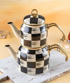 Resim Kitchen Beyond Dama Desen Siyah-krem Mini Emaye Çaydanlık Takımı 5758 