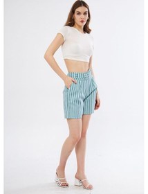 Resim Pasaklı Giyim Kadın Gabardin Kumaş Cepli Kemerli Tokalı Çizgili Kısa Şort 3562210 Mint 