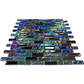 Resim MozaiKristaL Tüm yüzeyler için 15x48mm L. Siyah-Mavi Karışım, 30x30cm. Fileli Kristal Mozaik. (1 m2 Fiyatıdır) 