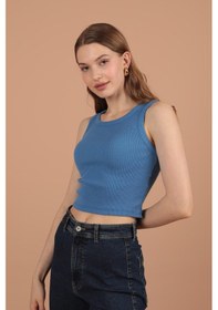 Resim Kaşkorse Kumaş Halter Yaka Kadın Bluz İndigo - Kadın İndigo 