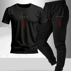 Resim 2 adet Set, Erkeklerin Trendy ve Moda Ev Eğlence Kostümü, Klasik Yuvarlak Yaka T-Shirt, Bağcıklı Pantolon. 
