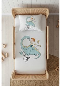 Resim %100 Pamuk Saten İsme Özel İsimli 100x200 Tek Kişilik Lastikli Çarşaf Seti Dinozor Beyaz 