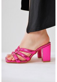 Resim Sasima Fuşya Yılan Desenli Bantlı Topuklu Terlik 001 