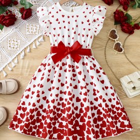 Resim Küçük Kızlar İçin Büyüleyici Kalp Baskılı Prenses Elbisesi, Uçuşan Kollu ve Kırmızı Kemerli - %100 Polyester, Esnemez, Makinede Yıkanabilir - Yaz Gezileri & Sevgililer Günü Kutlamaları İçin İdeal, Kızlar İçin Prenses Elbiseleri 
