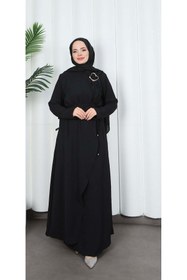 Resim HNT Hayrunnisa Tesettür Toka Detaylı Bağlamalı Ayrobin Elbise Siyah HNT85921 